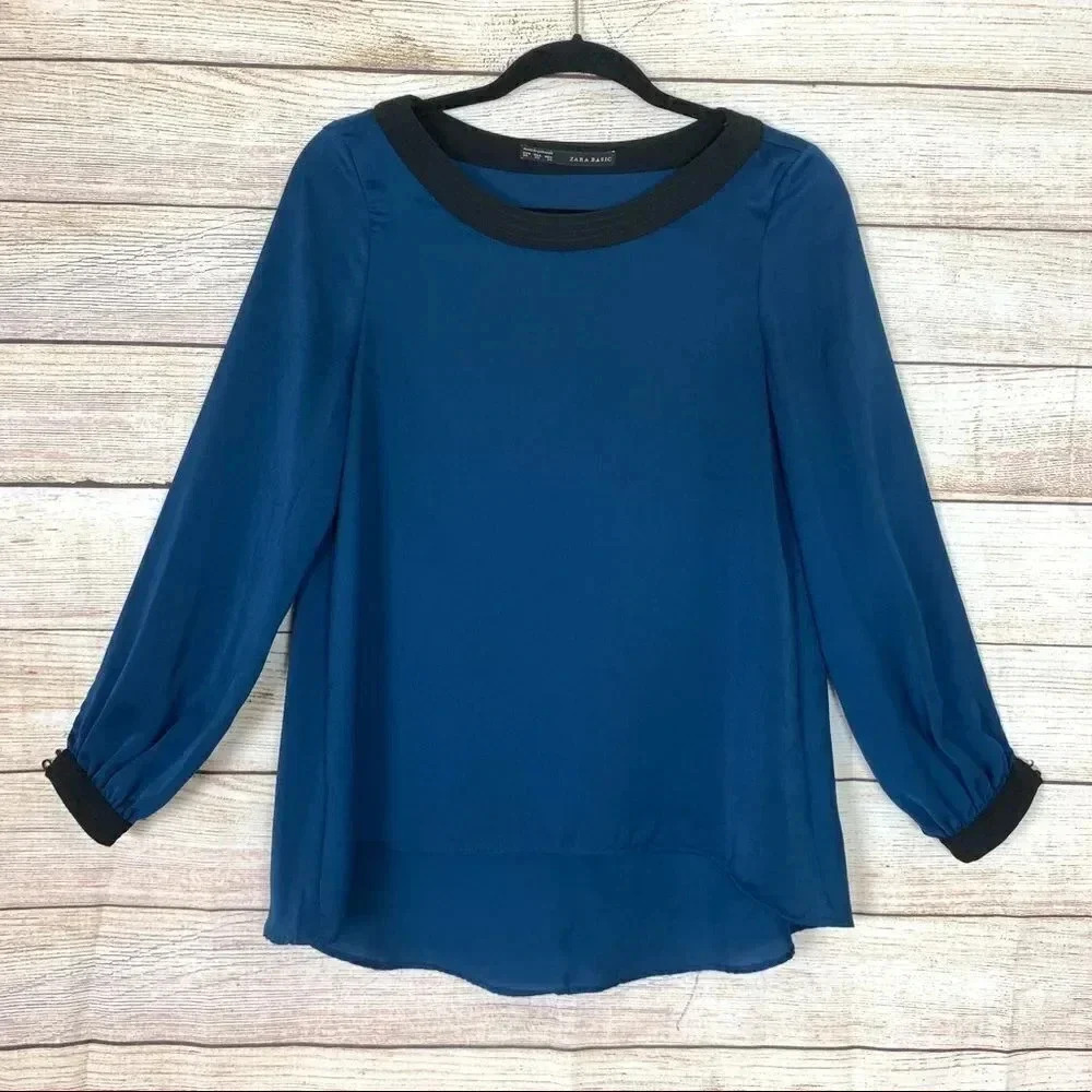 Zara Basic | Blue Black High Low Hem Blouse